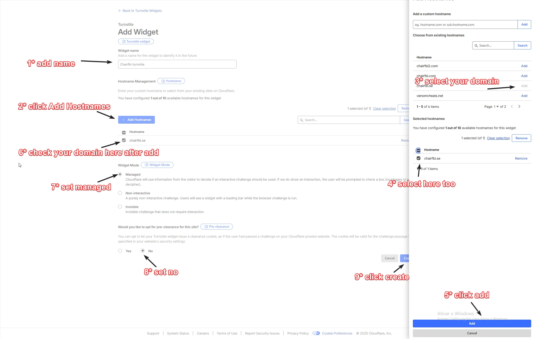 Create Turnstile widget in Cloudflare